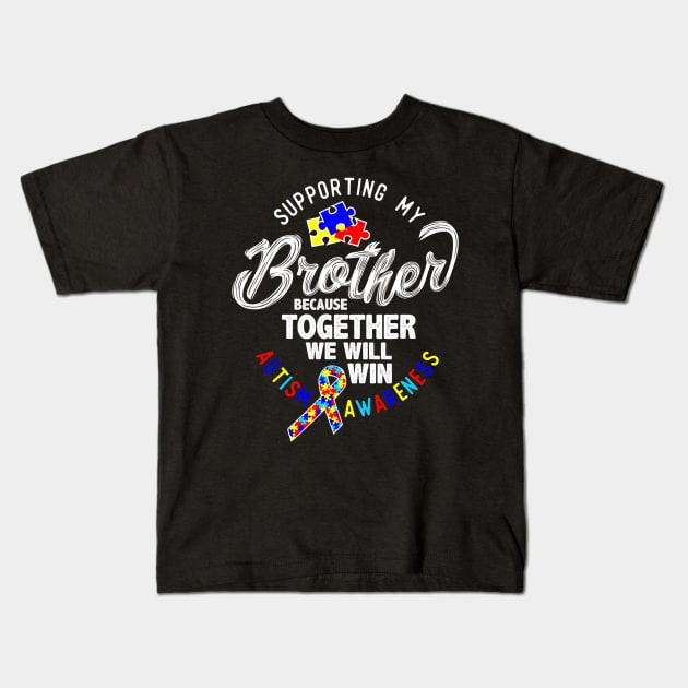 Supporting My Brother Autism Awareness Ribbon Heart Kids T-Shirt by CarolIrvine